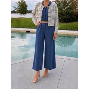 Ann Taylor Cropped Tweed Jacket Cardigan L Bouclé Cream Blue Gold Quiet Luxury